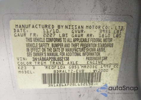 2011 Nissan Sentra 2.0Sr from USA, damaged, VIN 3N1AB6AP2BL652138